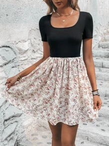 SHEIN LUNE Floral Print Two Tone Dress Without Belt - Multicolor - View 5