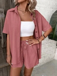 SHEIN LUNE 落肩袖襯衫和前繫帶短褲