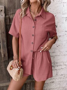 SHEIN LUNE 落肩袖襯衫和前繫帶短褲