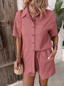 SHEIN LUNE 落肩袖襯衫和前繫帶短褲