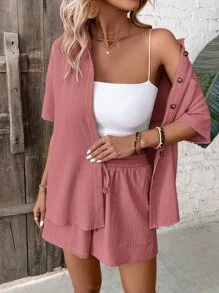 SHEIN LUNE 落肩袖襯衫和前繫帶短褲