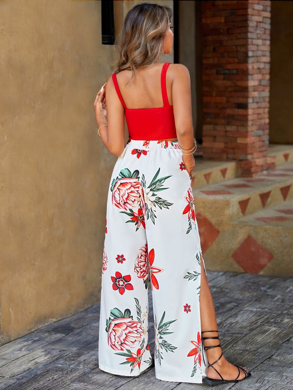 Summer Solid Cami Top & Floral Print Split Thigh Pants Two Pieces Set