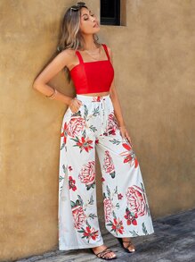 SHEIN VCAY Conjunto de dos piezas con top de tirantes sólido y pantalones con estampado floral y abertura en el muslo - Rojo y blanco - Ver 3