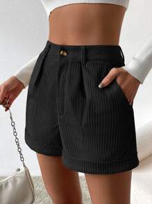 SHEIN Essnce Quần đùi nữ Nút Túi Dây kéo màu trơn Giải trí - màu đen - Xem 4