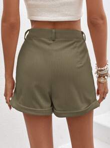 SHEIN Essnce High Waist Slant Pocket Roll Up Hem Shorts - Green - View 2