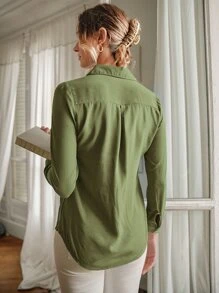 EURMUSE Camisa unicolor con botón delantero - Verde militar - Ver 2