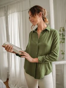 EURMUSE Camisa unicolor con botón delantero - Verde militar - Ver 3