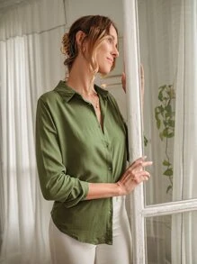 EURMUSE Camisa unicolor con botón delantero - Verde militar - Ver 6