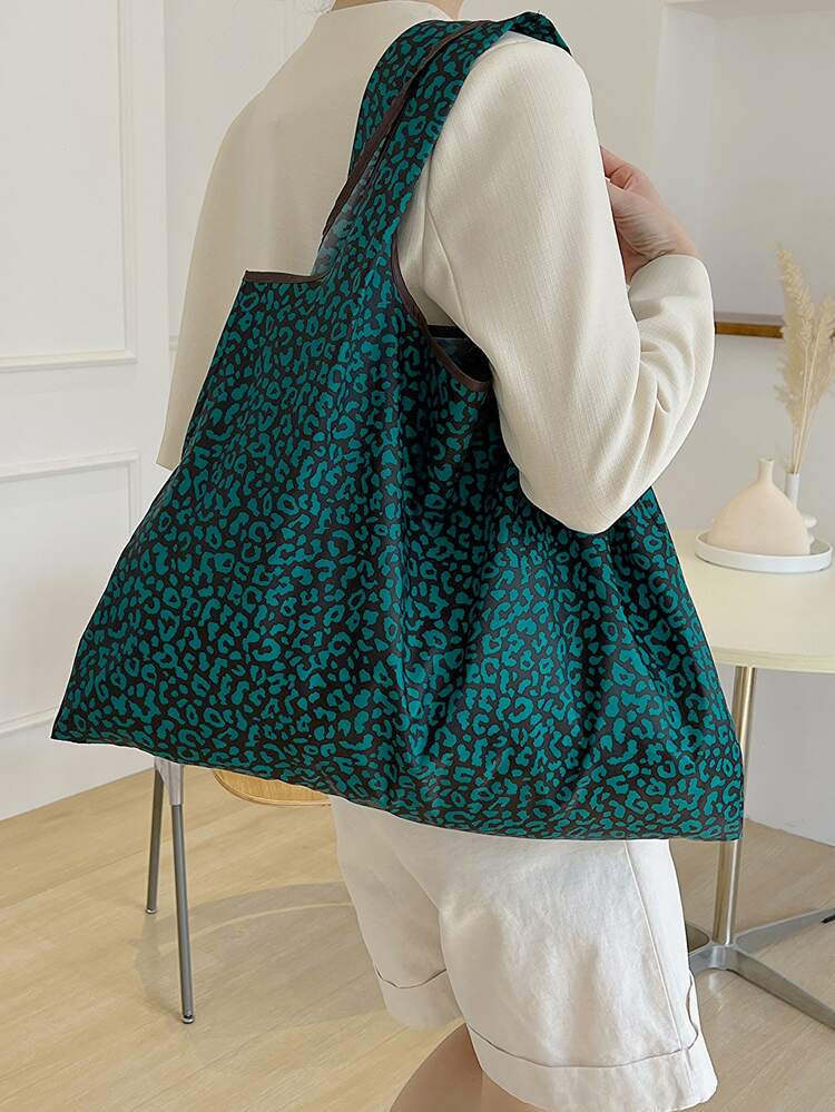 Oversized Shopper Bag Leopard Pattern Contrast Binding Foldable , Green