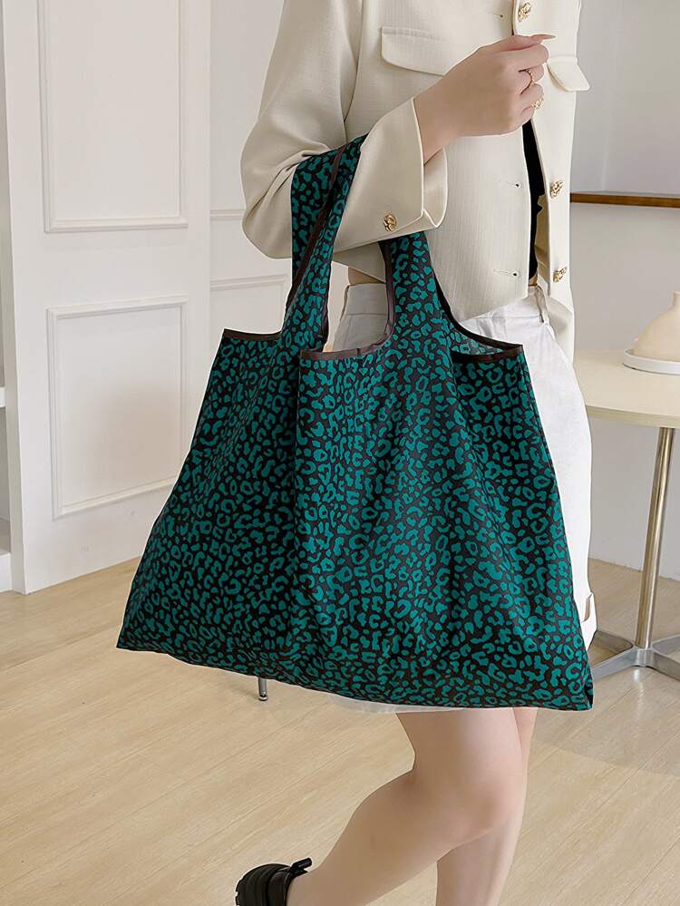 Oversized Shopper Bag Leopard Pattern Contrast Binding Foldable , Green