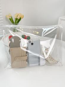 Bolsa cuadrada transparente de PVC minimalista para organizar maquillaje, herramientas de uñas, útiles escolares y artículos de viaje. Bolsa organizadora de maquillaje y artículos de viaje, ideal como regalo para mamá, de vuelta a la escuela o para vacaciones de verano. - transparente - Ver 3