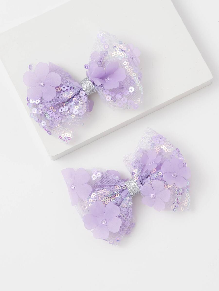 2 chiếc kẹp tóc thời trang đính sequin hình nơ cho bé gái tuổi teen, thích hợp sử dụng hàng ngày. - Màu tím - Xem 1