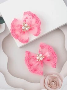 2入組女童人造珍珠和蝴蝶結裝飾時尚髮夾適合日常生活 - 粉色 - 查看 1