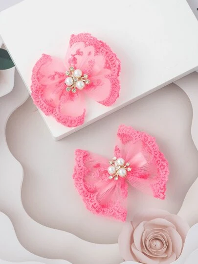 2入組女童人造珍珠和蝴蝶結裝飾時尚髮夾適合日常生活