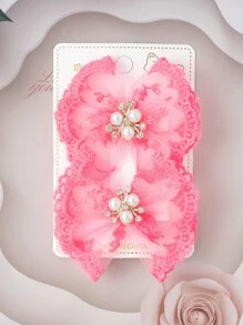 2入組女童人造珍珠和蝴蝶結裝飾時尚髮夾適合日常生活 - 粉色 - 查看 2