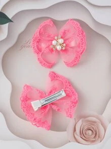 2入組女童人造珍珠和蝴蝶結裝飾時尚髮夾適合日常生活 - 粉色 - 查看 3