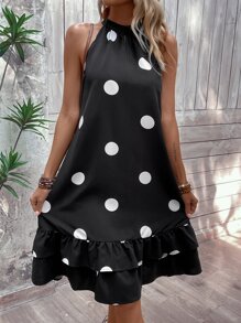 SHEIN VCAY Polka Dot Print Ruffle Hem Halter Neck Dress - Black and White - View 1