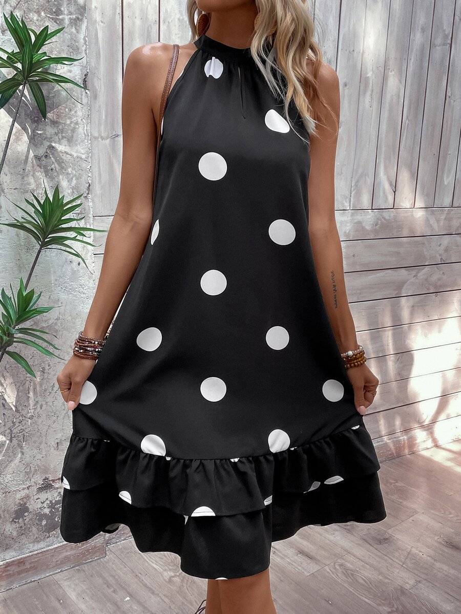 SHEIN VCAY Polka Dot Print Ruffle Hem Halter Neck Dress - Black and White - View 1