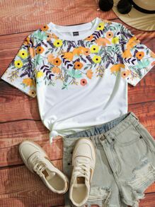 SHEIN VCAY Camiseta con estampado floral - Amarillo - Ver 1