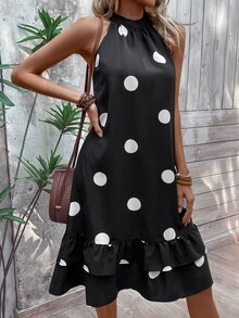 SHEIN VCAY Polka Dot Print Ruffle Hem Halter Neck Dress - Black and White - View 5