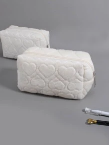 SHEIN X Jess 1pc Heart Tufted Pencil Bag, Simple Heart Embossed Design Office Stationery Organizer For Teen School - White - View 12