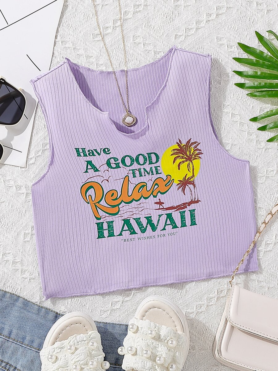 Girls Letter & Tropical Print Tank Top - Lilac Purple - View 1