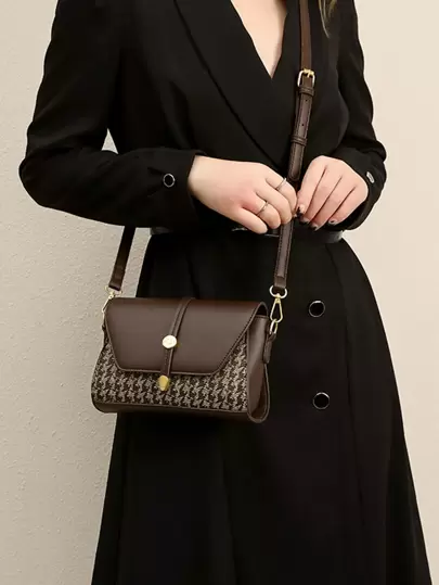 Mini Square Bag Houndstooth Pattern Flap PU