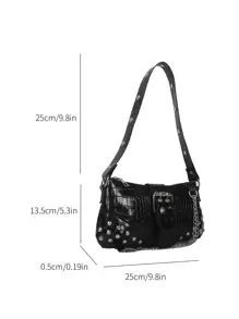 Crocodile Embossed Bag Studded & Buckle Decor Medium - Black - View 5