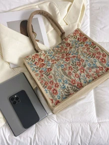 小型购物袋花卉刺绣按扣双手柄购物书包，容量大，便携，适合少女、女大学生，非常适合返校、开学第一天、中学、高中、购物、度假