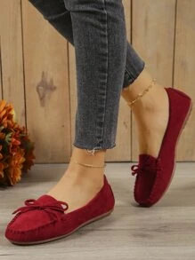2025 Autumn Fashionable Flat Loafers For Women, Faux Suede Bow Decor Slip-On Flats - Red - View 2