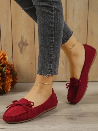 2025 Autumn Fashionable Flat Loafers For Women, Faux Suede Bow Decor Slip-On Flats