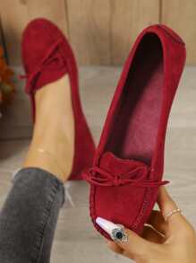 2025 Autumn Fashionable Flat Loafers For Women, Faux Suede Bow Decor Slip-On Flats - Red - View 3
