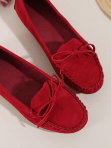 2025 Autumn Fashionable Flat Loafers For Women, Faux Suede Bow Decor Slip-On Flats - Red - View 4