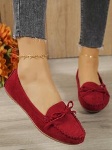 2025 Autumn Fashionable Flat Loafers For Women, Faux Suede Bow Decor Slip-On Flats - Red - View 5
