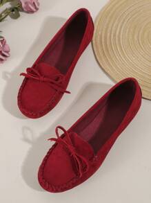 2025 Autumn Fashionable Flat Loafers For Women, Faux Suede Bow Decor Slip-On Flats - Red - View 6