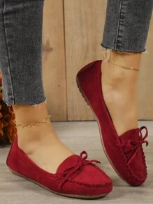 2025 Autumn Fashionable Flat Loafers For Women, Faux Suede Bow Decor Slip-On Flats - Red - View 8