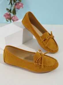 2025 Autumn Elegant Flat Loafers For Women, Faux Suede Bow Decor Slip-On Flats - Ginger - View 3
