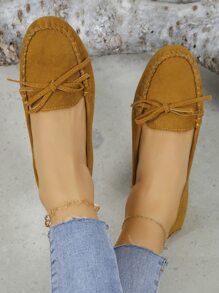 2025 Autumn Elegant Flat Loafers For Women, Faux Suede Bow Decor Slip-On Flats - Ginger - View 4