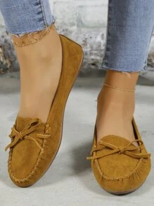 2025 Autumn Elegant Flat Loafers For Women, Faux Suede Bow Decor Slip-On Flats - Ginger - View 6