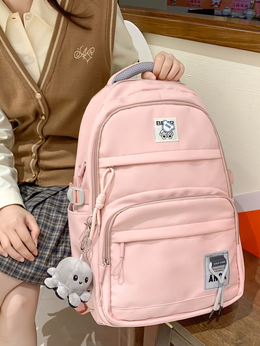 粉紅色經典背包字母貼片裝飾帶包飾物適合學校