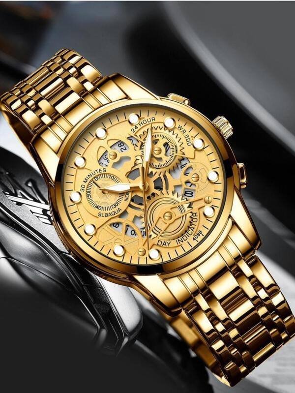 Men's Watch Gold Strap Hollow Round Dial Calendar Pointer Quartz Watch