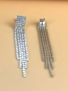 2入組銅質超閃亮鑽石流蘇夾式耳環，適用於女士日常/派對/約會禮物，豪華耳針，適用於姊妹/女朋友/母親 - 銀色 - 查看 2