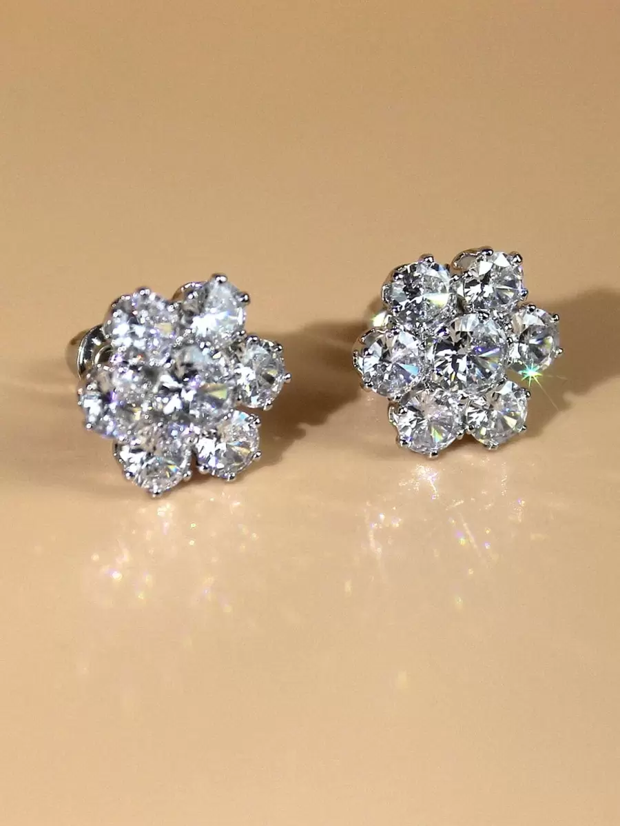 2 chiếc hoa tai bằng đồng sang trọng với đá Cubic Zirconia tròn lấp lánh và đá Zirconia hình kim cương, thích hợp để đeo hàng ngày, ngày lễ tình nhân, mẹ, mẹ, ngày của mẹ, quà tặng - Bạc - Xem 1