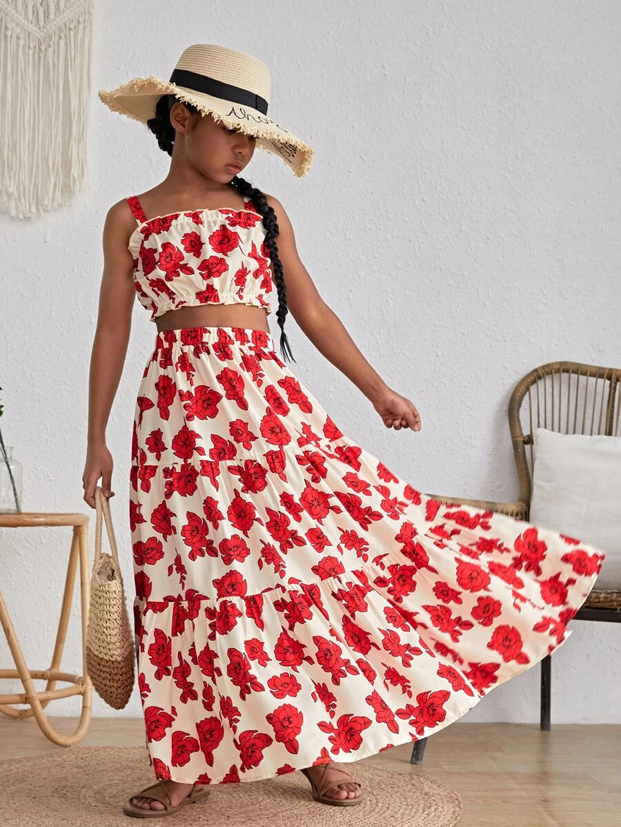 SHEIN Bộ hai mảnh Gái viền lá sen phân lớp Hoa Tất cả trên in Boho - Nhiều màu - Xem 1