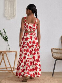 SHEIN Bộ hai mảnh Gái viền lá sen phân lớp Hoa Tất cả trên in Boho - Nhiều màu - Xem 2