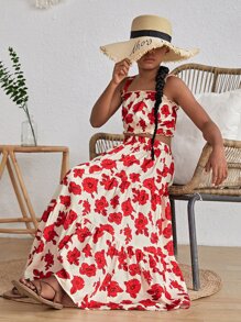 SHEIN Bộ hai mảnh Gái viền lá sen phân lớp Hoa Tất cả trên in Boho - Nhiều màu - Xem 3