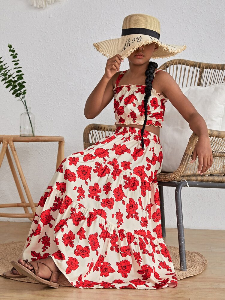 SHEIN Bộ hai mảnh Gái viền lá sen phân lớp Hoa Tất cả trên in Boho - Nhiều màu - Xem 3