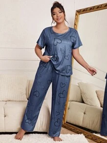 Plus Heart And Letter Graphic Tee & Trousers PJ Set - Navy Blue - View 1