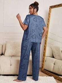 Plus Heart And Letter Graphic Tee & Trousers PJ Set - Navy Blue - View 2
