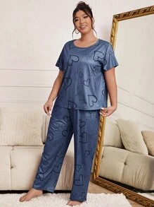 Plus Heart And Letter Graphic Tee & Trousers PJ Set - Navy Blue - View 3